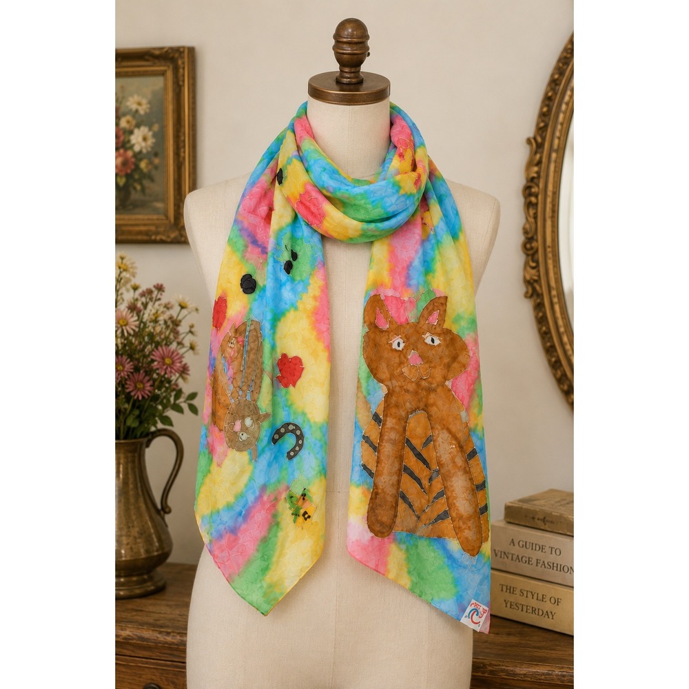 Vintage ARTY'S Whimsical Animal Silk Collectible Statement Scarf Made in France